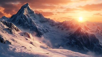 Obraz premium A breathtaking mountain landscape at sunset, showcasing snow-covered peaks and vibrant skies.
