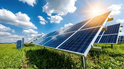 Solar energy panels installed in a lush green countryside field under a blue sky with fluffy white clouds representing clean sustainable and renewable electricity