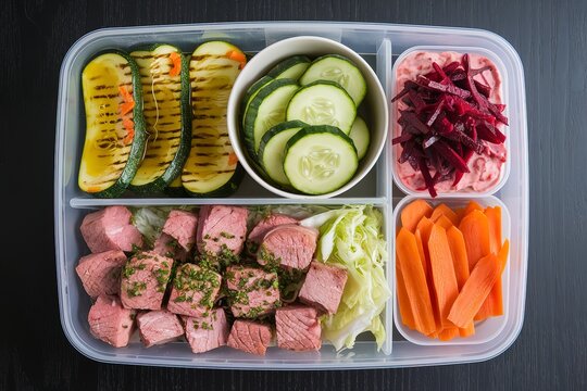a rectangular plastic box containing various food items and condiments.