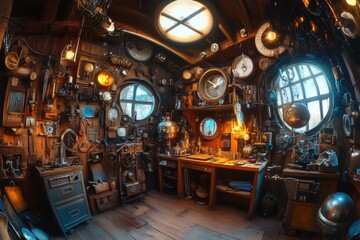 Gnomish inventor's workshop with bizarre contraptions with highly detailed inventions and tools, captured using fisheye lens on warm workshop lighting, with copy space