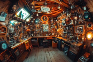 Naklejka premium Gnomish inventor's workshop with bizarre contraptions with highly detailed inventions and tools, captured using fisheye lens on warm workshop lighting, with copy space