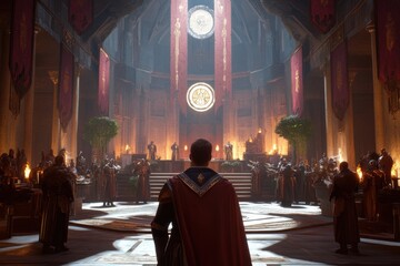 Guild leader addressing members in a virtual hall with guild UI and member status indicators, captured using wide-angle lens on ceremonial hall lighting, with copy space