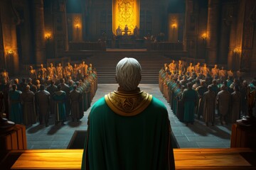 Guild leader addressing members in a virtual hall with guild UI and member status indicators, captured using wide-angle lens on ceremonial hall lighting, with copy space