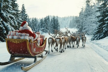 Santa Claus is seen riding his sleigh with reindeer in a forest blanketed with snow.
