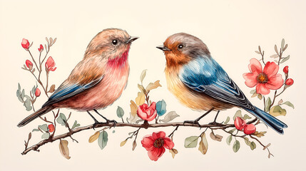Watercolor painting of two birds sitting on a cherry blossom branch