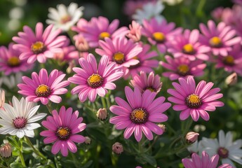 Fototapeta premium Vibrant Pink Flowers in Full Bloom Surrounded by Green Foliage, Capturing the Essence of a Beautiful Spring Garden in Sunny Natural Light