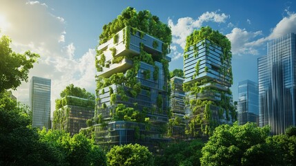 Obraz premium Green Skyscrapers Rise Amidst Lush Cityscape