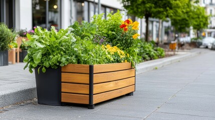 A vibrant wooden planter filled with lush greenery and colorful flowers, enhancing the urban landscape in a charming street setting.