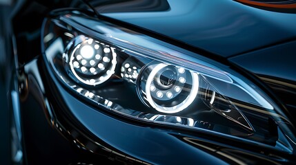 Close up of the headlight of a modern car with a blurred background