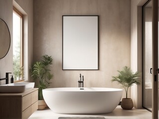Fototapeta premium blank poster frame, rustic villa bathroom interior background, beige wall background