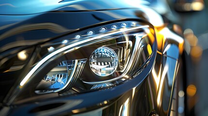 Fototapeta premium Close up of the headlight of a modern car with a blurred background