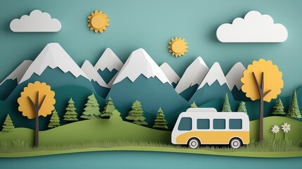 Scenic mountain landscape with retro camper van traveling on winding road through lush green countryside and pine forests  and road trip concept in natural outdoor environment