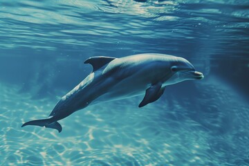 Obraz premium Dolphin swimming underwater in clear blue water