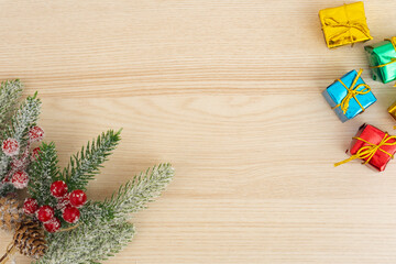 Backround template with wooden background and christmas ornament mockup. New year and xmas