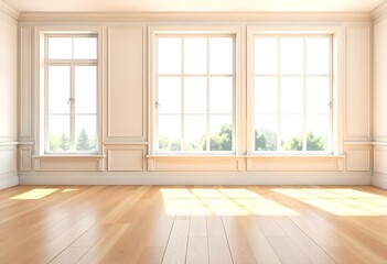 Fototapeta premium An empty room with large windows, wooden floor, and white walls with decorative molding