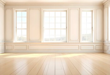 Fototapeta premium An empty room with large windows, wooden floor, and white walls with decorative molding