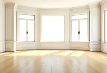 Fototapeta premium An empty room with large windows, wooden floor, and white walls with decorative molding