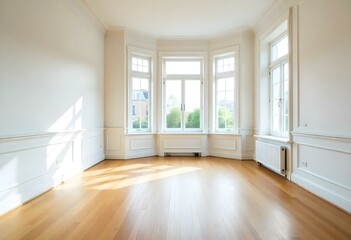 Fototapeta premium An empty room with large windows, wooden floor, and white walls with decorative molding