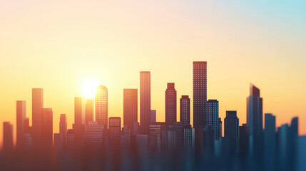 Fototapeta premium stunning 3D rendering of blurred city skyline featuring skyscrapers at sunset, showcasing vibrant colors and serene atmosphere