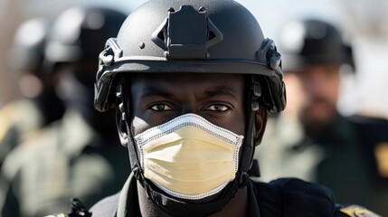 Fototapeta premium Serious police officer in protective gear during public safety mission