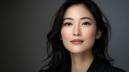 Fototapeta premium Radiant Beauty: Studio Portrait of Elegant East Asian Woman with Glowing Clear Skin and Poised Expression