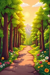 Cartoon forest with path and flowers under bright sun with mountains in background. Children's illustration.