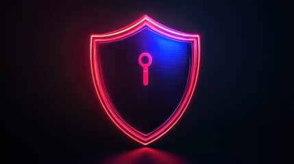 A digital shield icon with a key, illuminated in neon blue and pink, symbolizing cybersecurity and protection.