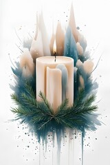 Watercolor illustration of a burning candle with spruce branches with blurred paint and splatter effect. Candle in watercolor technique with blur effect