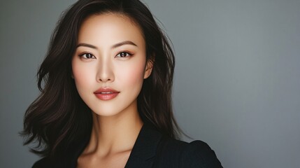Fototapeta premium Elegant Asian Woman with Radiant Glass Skin in Studio Lighting