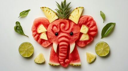 Naklejka premium Creative Fruit Art Elephant Made From Watermelon and Pineapple