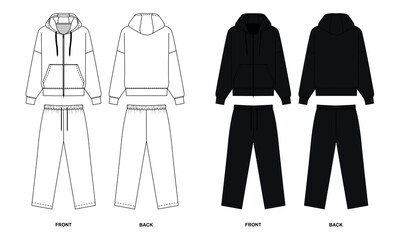 black and white clothes for people. Collection of tracksuit designs, white and black colors, front and back view, vector. Set of sketches zipper hoodie with pockets and straight wide pants