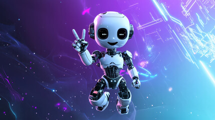 cute robot making peace sign with its hand, set against vibrant, futuristic background. colorful lights and digital elements create joyful atmosphere
