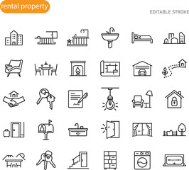 Fototapeta premium Rental Property Icons Homes, Apartments, Amenities, and Features