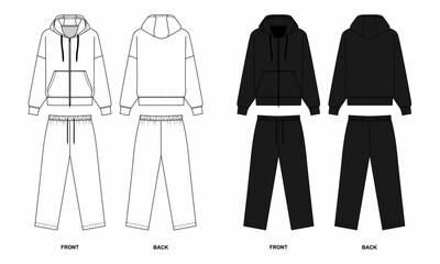 black and white clothes for people. Collection of tracksuit designs, white and black colors, front and back view. Set of sketches zipper hoodie with pockets and straight wide pants, isolate on white