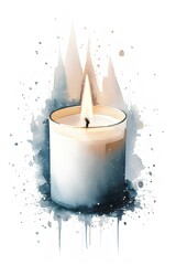 Watercolor illustration of a burning candle with blurred colors and splatter effect on white background. Candle in watercolor technique with blur effect