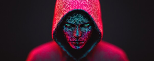 A digital portrait of a hooded figure, illuminated with vibrant colors, showcasing intricate patterns on the face against a dark background.