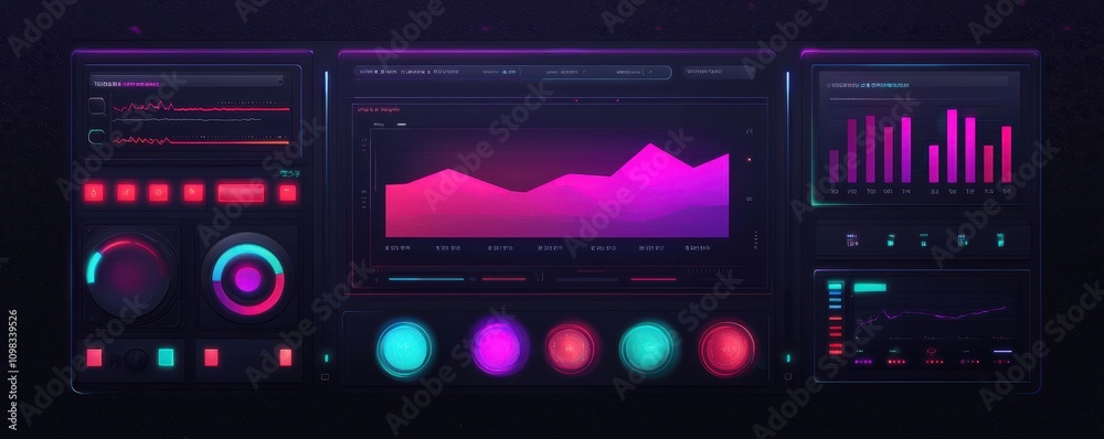 Poster a vibrant, futuristic dashboard displaying data visualizations with graphs, charts, and colorful met