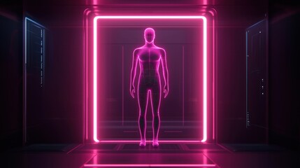 A neon-lit humanoid figure stands in a futuristic corridor, framed by a glowing pink rectangle, creating a surreal and captivating atmosphere.