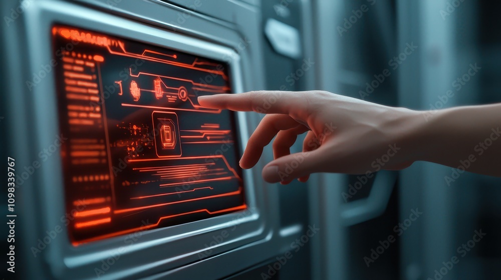Poster a futuristic hand interacting with a glowing red touchscreen interface, showcasing high-tech graphic