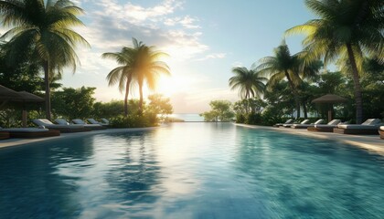 Fototapeta premium Luxurious Resort With Tropical Swimming Pool Surrounded By Majestic Palm Trees Creating A Paradise Oasis For Guests To Enjoy.