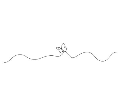 Butterfly in One continuous line drawing. Beautiful flying moth for wellbeing beauty logo and divider concept in simple linear style.