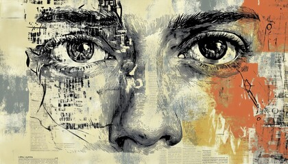 Fototapeta premium Modern Design With Anti-Texture: Face Featuring Retro Photocopy Effect, Hand-Drawn Doodles, And Text. A Contemporary Twist On Classic Elements.