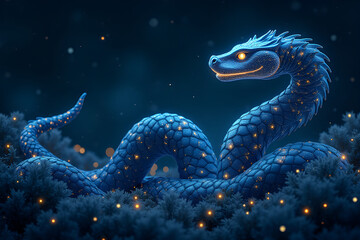 Fototapeta premium Ethereal Blue Dragon with Serene Presence Resting in Enchanted Garden