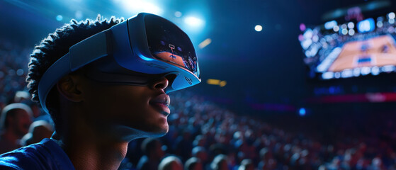 Immersive virtual reality experience at sports event, showcasing young man wearing VR headset, captivated by game on screen