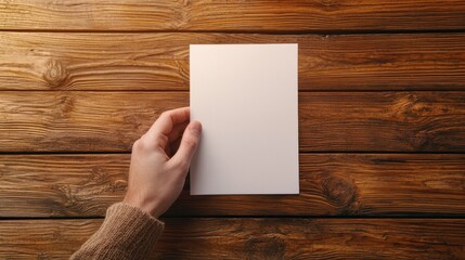 Obraz premium A hand holding a blank sheet of paper on a rustic wooden surface, creating a minimalist and serene atmosphere.