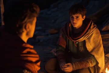 Fototapeta premium Player interacting with an NPC for a storyline quest with dialogue options UI and quest log, captured using standard lens on cinematic dialogue lighting, with copy space