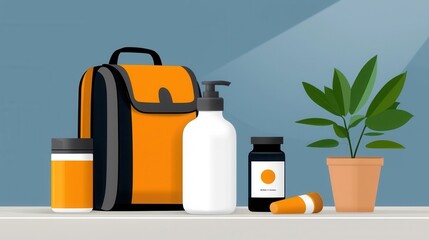 Backpack and potted plant placed on a wooden table against a natural backdrop evoking a sense of adventure outdoor environmental consciousness