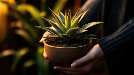 Hands Holding a Small Potted Plant in Soft Light