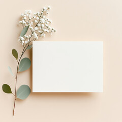 Fototapeta premium Wedding Invitation Mockup with Eucalyptus and Gypsophila on Beige 