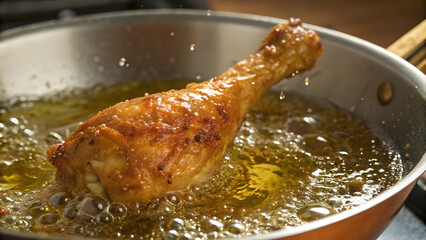 Crispy chicken drumstick frying in bubbling oil, creating delicious aroma. golden brown color and sizzling sound enhance cooking experience